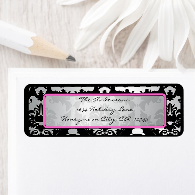 Black Vintage Damask Pink & Silver Address Label (Insitu)