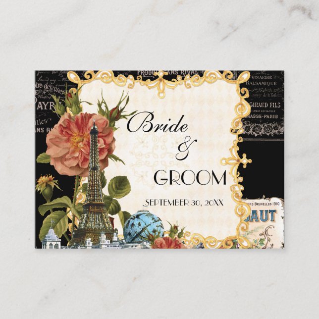 Black Vintage Eiffel Tower Rose Gift Registry Card (Front)
