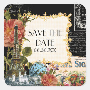 Black Vintage Eiffel Tower Rose Save the Date Seal