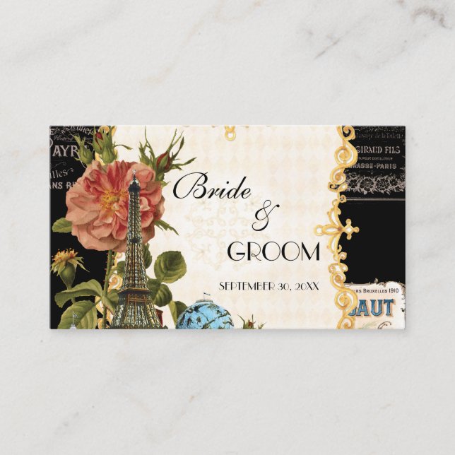 Black Vintage Eiffel Tower Rose Seating Place Card (Front)