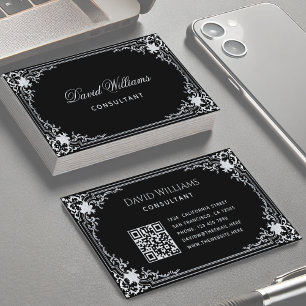 Black Vintage Elegant Script QR Code Calligraphy Business Card