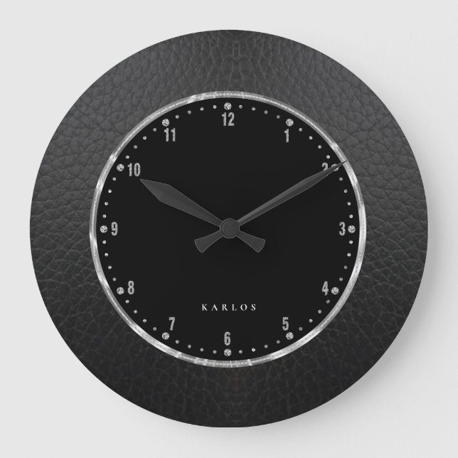 Black Vintage Faux Leather Large Clock (Front)