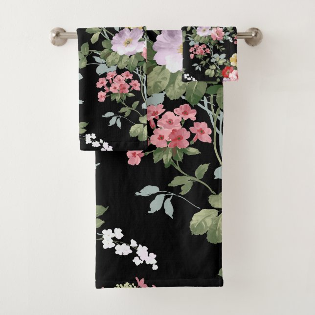 Black Vintage Floral Bath Towel Set (Insitu)