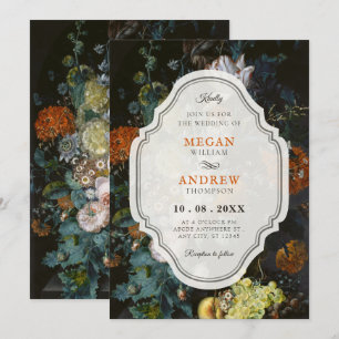 Black vintage floral bouquet art wedding invitation