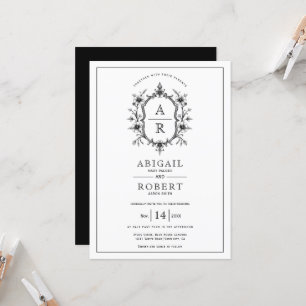 Black vintage floral crest and initials wedding invitation
