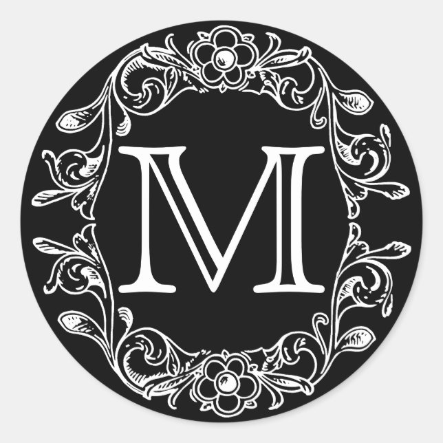 Black Vintage Floral Monogram Classic Round Sticker (Front)
