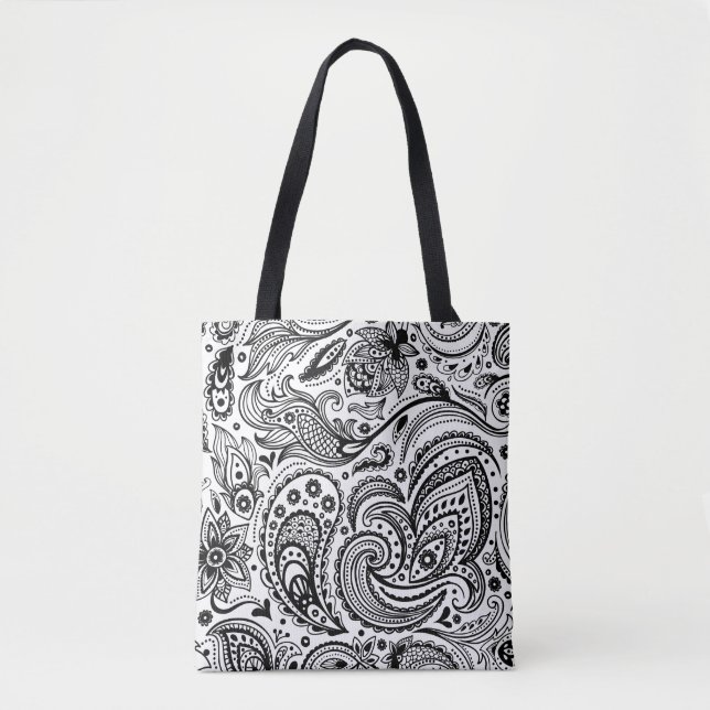 Black Vintage Floral Paisley Pattern Tote Bag (Front)