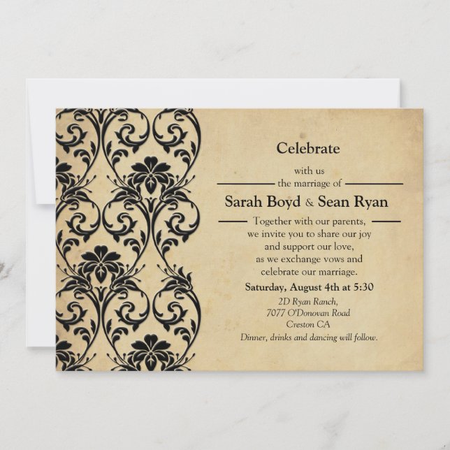 Black Vintage Floral Swirl Wedding Invitation (Front)