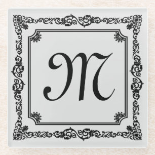 Black Vintage Frame Custom Monogram Glass Coaster
