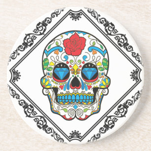 Black Vintage Frame & Rose Sugar Skull Coaster