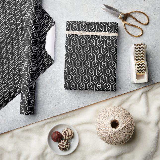 Black Vintage Geometric Art Deco Pattern  Wrapping Paper (Crafts)