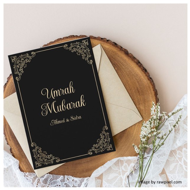 Black Vintage Gold Swirl Umrah Mubarak Greeting Card (Creator Uploaded)