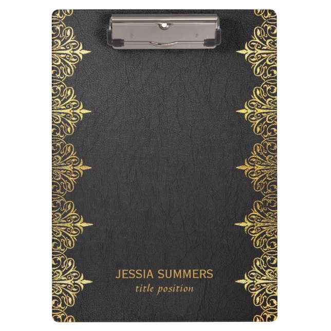 Black Vintage Leather Gold Border Frame Clipboard (Front)