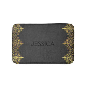 Black Vintage Leather With Gold Swirly Frame Bath Mat