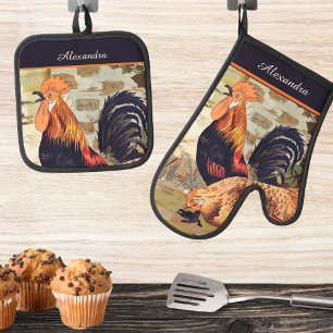Black Vintage Rooster Personalized monogram name Oven Mitt & Pot Holder Set