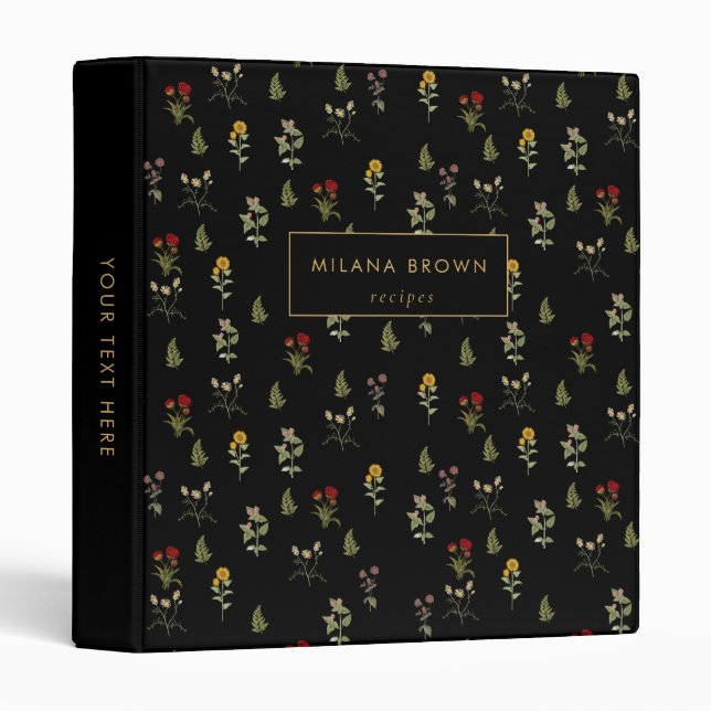 Black Vintage Wildflower Floral Pattern Recipe Binder (Front/Spine)
