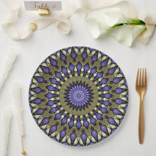 Black Violet Purple Faux Gold Mandala Pattern Paper Plate