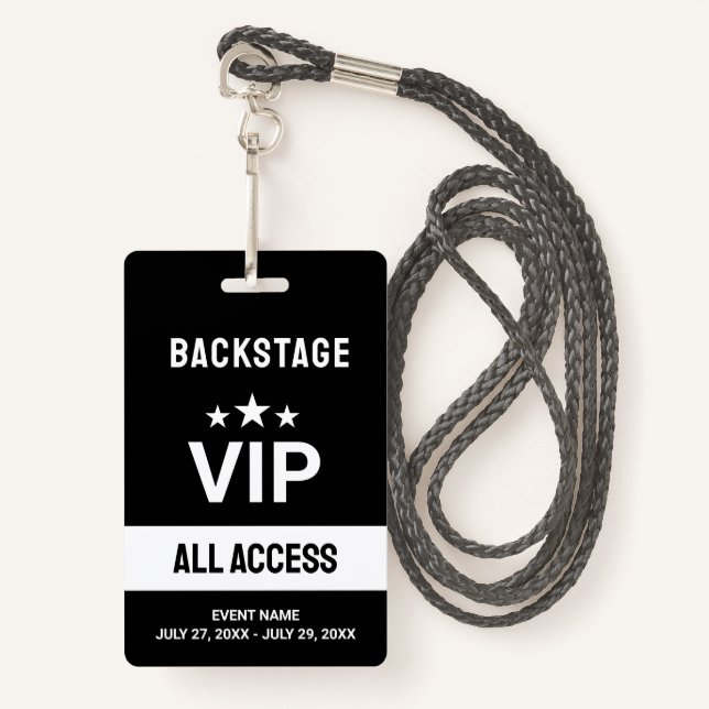 Black VIP Backstage All Access Pass ID Badge (Front with Lanyard)