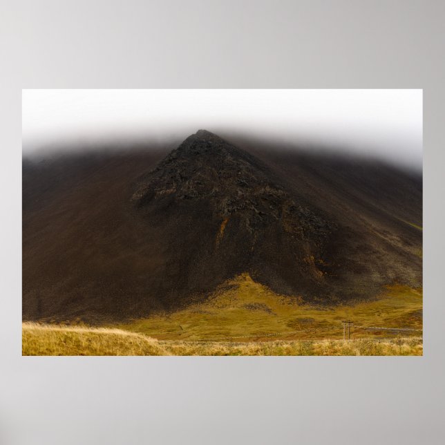 Black volcanic mountain and low clouds poster (Front)