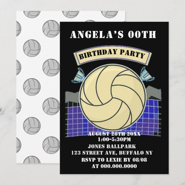 Black Volleyball Birthday Party Invites (Front/Back)