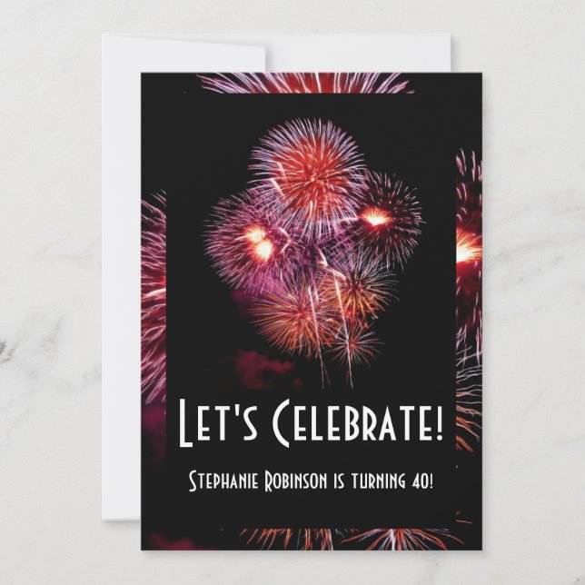 Black w/ Fireworks Birthday Party Invitations (Front)