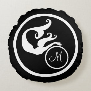 Black w/ Monogram initial white mermaid nautical Round Pillow
