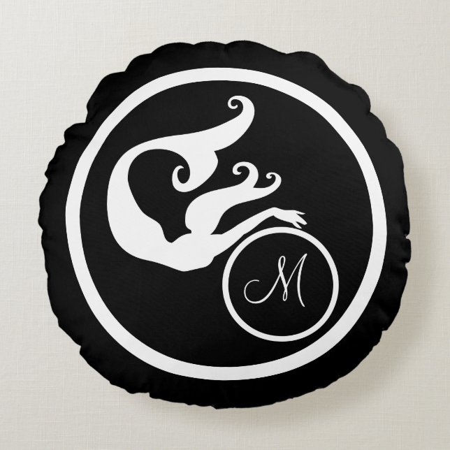Black w/ Monogram initial white mermaid nautical Round Pillow (Front)