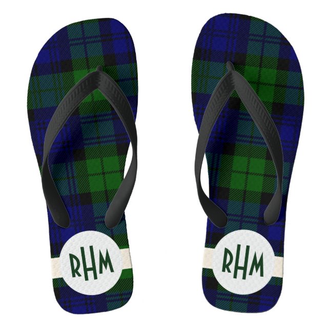 Black Watch Plaid Custom Mongram Flip Flops (Footbed)