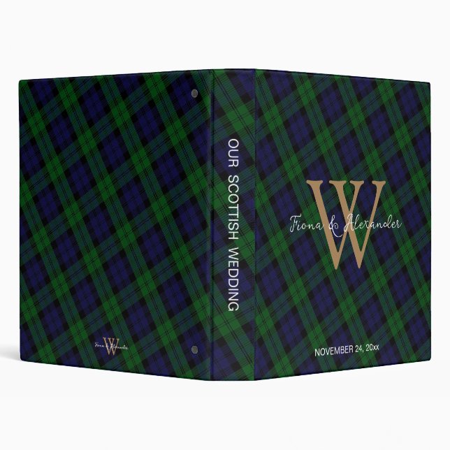 Black Watch Scottish Tartan Gold Monogram Wedding  Binder (Background)