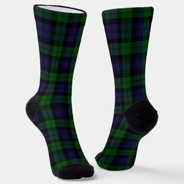Black Watch Tartan Plaid Print Socks (Angled)