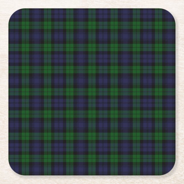 Black Watch Tartan Plaid Scottish Plaid Pattern Square Paper Coaster (Front)