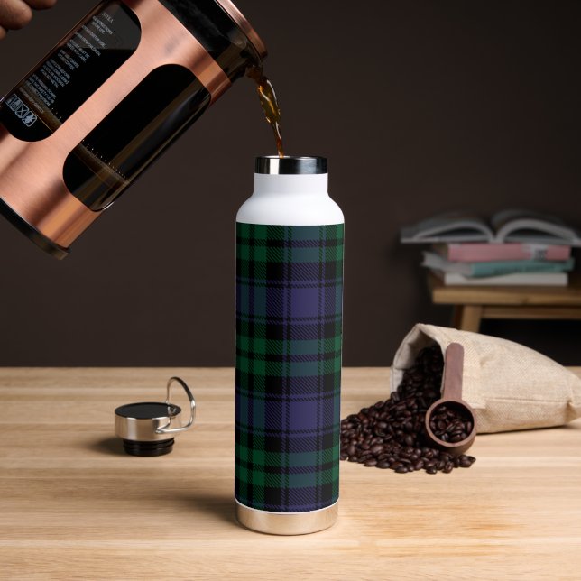 Black Watch Tartan, Plaid Water Bottle (Coffee)