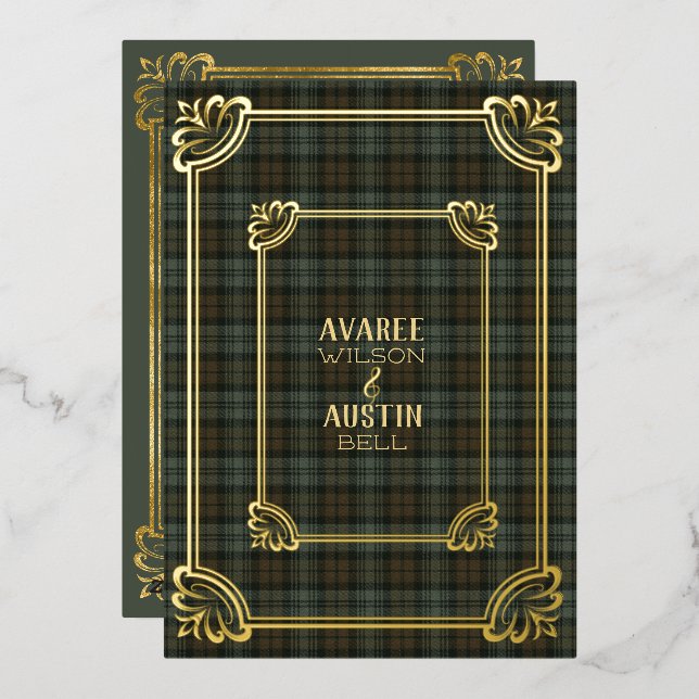Black Watch Weathered Tartan Gold Foil Invitation (Front/Back)