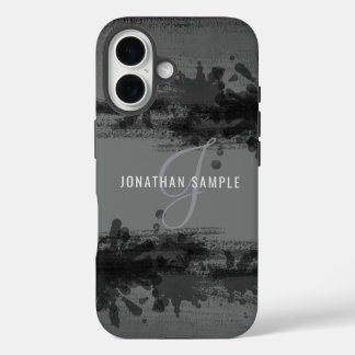 Black watercolor abstract painting grey monogram iPhone 16 case