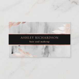 Black Watercolor and Faux Rose Gold Leaves Business Card