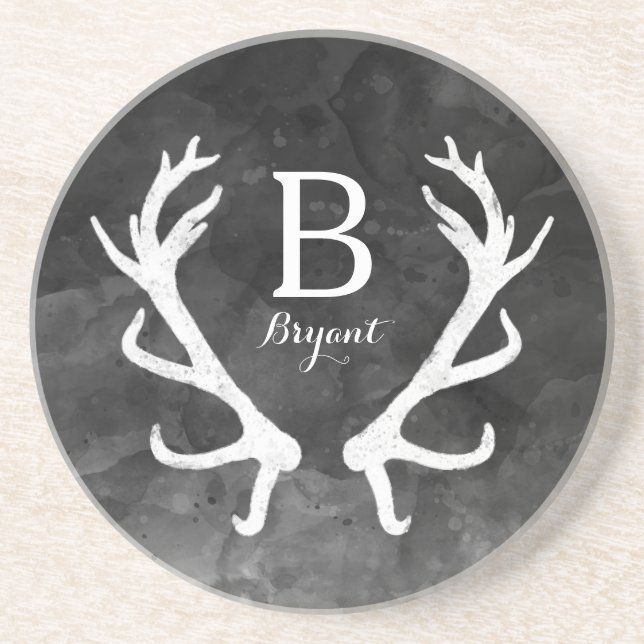 Black Watercolor and Rustic Deer Antlers Monogram Coaster (Front)