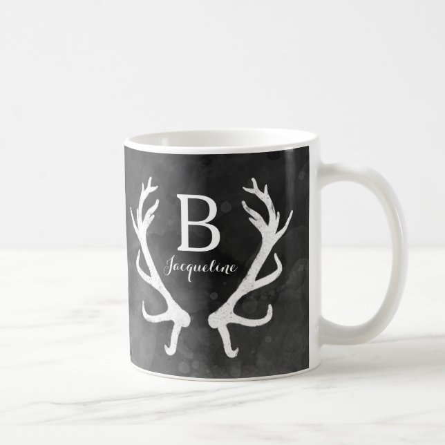 Black Watercolor and Rustic Deer Antlers Monogram Coffee Mug (Right)