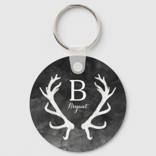Black Watercolor and Rustic Deer Antlers Monogram Keychain