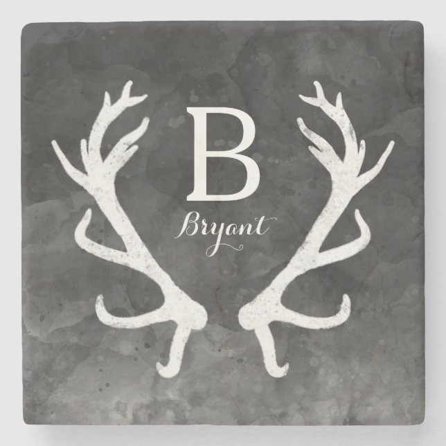 Black Watercolor and Rustic Deer Antlers Monogram Stone Coaster (Front)