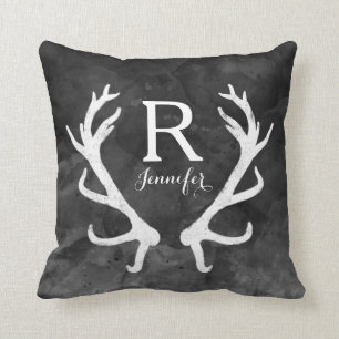 Black Watercolor and Rustic Deer Antlers Monogram Throw Pillow