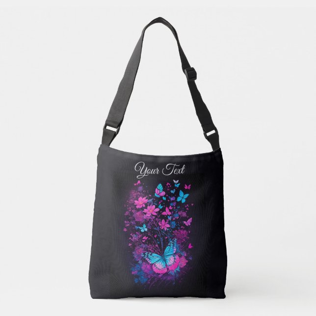 black watercolor botanical chic elegant butterfly crossbody bag (Front)