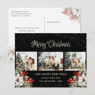 Black Watercolor Botanical Snow Photo Collage Holiday Postcard