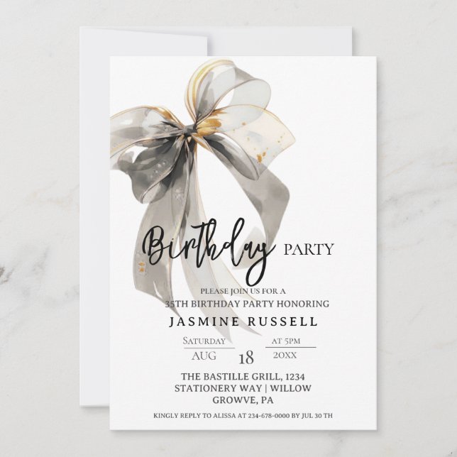 Black Watercolor Bow Birthday Party Woman Invitation (Front)