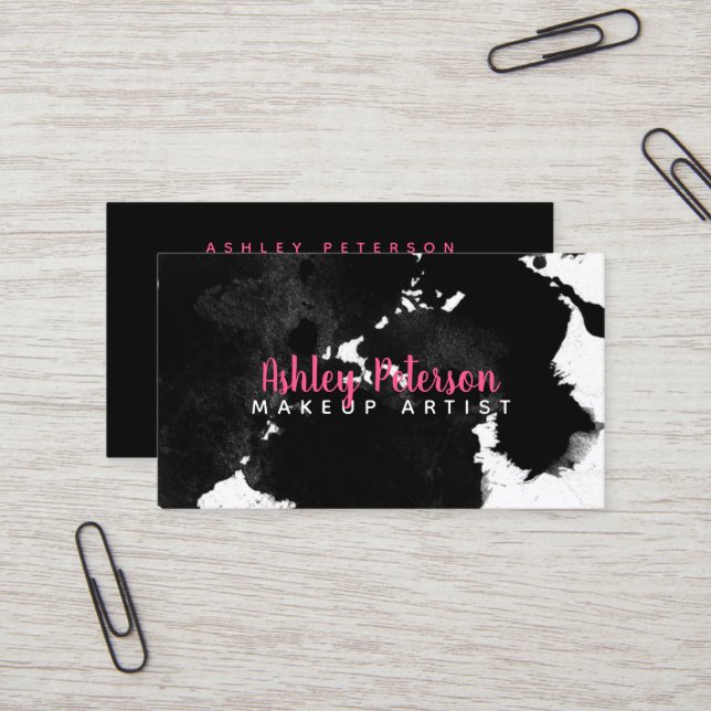 black watercolor brushtrokes makeup typography business card (Front/Back In Situ)