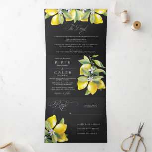 Black Watercolor Citrus Lemon Blossom Wedding Tri-Fold Invitation
