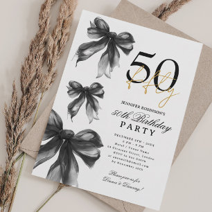 Black Watercolor Coquette Bow 50th Birthday Party Invitation
