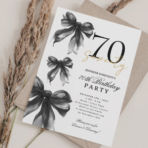 Black Watercolor Coquette Bow 70th Birthday Party Invitation