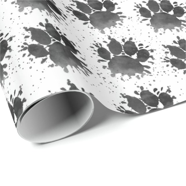 Black Watercolor Dog Paw Print Pattern Custom Wrapping Paper (Roll Corner)