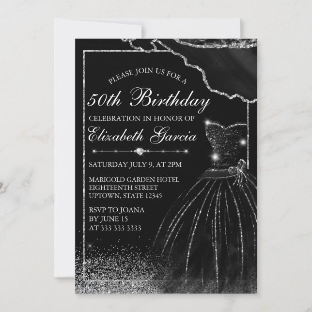 Black Watercolor Dress & Glam Edge Birthday Invitation (Front)