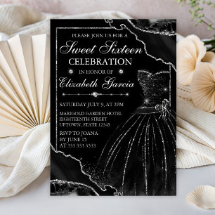Black Watercolor Dress & Glitter Agate Sweet 16 Invitation